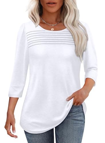 Early Fall Fashion White Tops for Women 3/4 Length Sleeve Blouses Dressy Casual Plus Size Tshirts Shirts Spring Summer Teacher Outfits Beach Vacation Clothes 3XL - Image 1