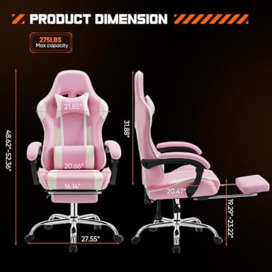 Sweetcrispy Video Game Desk Chair - Ergonomic Computer with Footrest and Comfy Lumbar Support, PU Leather Recliner with Headrest, Fixed Up Armrest, Height Adjustable with 360° Swivel, for Adults, Pink - Image 3
