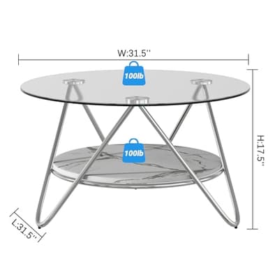 ASYA Round Coffee Table with Storage, 2-Tier Glass Coffee Table for Living Room, Modern Living Table with Tempered Glass & Metal Frame (Faux Marble) - Image 2