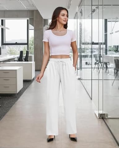 SEMARO Womens Casual Linen High Waist Pants Drawstring Loose Fit Summer Pants Trousers with Side Pockets White - Image 4