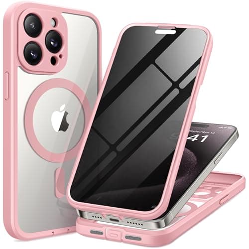 TIESZEN for iPhone 15 Pro Max Case, Compatible with MagSafe, Built-in Privacy Screen Protector and Camera Protection, Anti Spy Full Body Dustproof Shockproof Hard Phone Case 6.7", Pink - Image 1