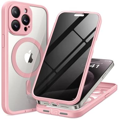 TIESZEN for iPhone 15 Pro Max Case, Compatible with MagSafe, Built-in Privacy Screen Protector and Camera Protection, Anti Spy Full Body Dustproof Shockproof Hard Phone Case 6.7", Pink - Image 1