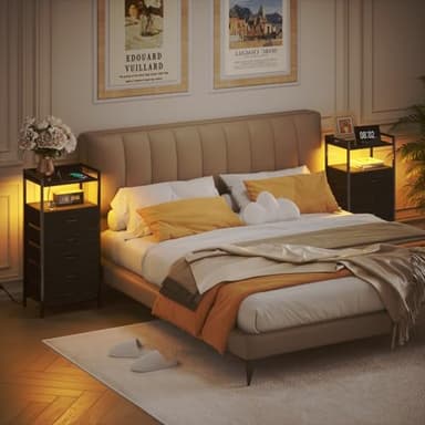 Furnulem Night Stand with Charging Station, Tall Black Dresser for Bedroom, Nightstand with Led Light, Bed Side Table for Living Room, Fabric Storage Drawer, Metal Frame, Wood Furniture - Image 2