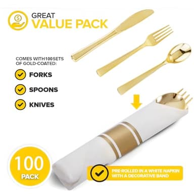 Joyido 400PCS Pre Rolled Gold Plastic Silverware Sets - Heavy Duty Gold Cutlery - Include 100 Pack Wrapped Disposable Utensils with Napkins for Parties, Dinners & Weddings - Image 4