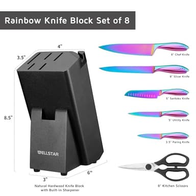 WELLSTAR Rainbow Knife Set 8 Pieces, Iridescent German Stainless Steel Kitchen Knives Set with Wooden Block, Colorful Titanium Coating, Chef’s Knife Block Set with Scissors and Built-in Sharpener - Image 9
