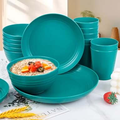 LIYH 48 Pcs Green Wheat Straw Plates and Bowls set - Plastic Dinnerware Set - Dishwasher Safe Camping Plates Dishes Set for 12, Unbreakable Wheat Straw Plate Bowls Reusable 12 Guests - Image 3
