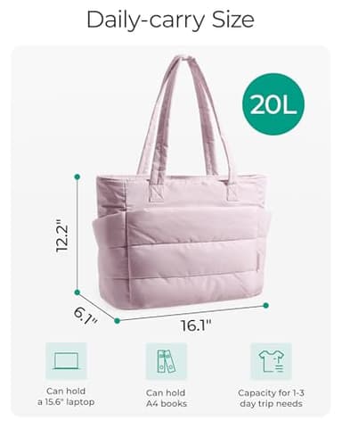 BAGSMART Tote Bag for Women, Lightweight Puffy Tote Bag with Compartments Shoulder Bag Handbag Quilted Shoulder Bag Handbag for Travel, Work, Beach, Gym, Shop (Pink) - Image 2