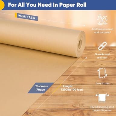 Vanhench Brown Wrapping Paper, Craft Kraft Paper 17.5"x 1200"(100') for Gift Wrapping Bulletin Board Arts & Crafts, Bouquet Flower Table Covering Poster Packing Shipping Christmas Supplies 70GSM 50LB - Image 3