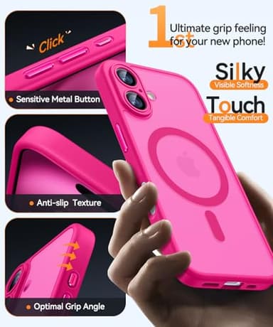 CANSHN Magnetic for iPhone 16 Case, Upgraded [Full Camera Protection] [Compatible with Magsafe] [Translucent Matte] Shockproof Protective Phone Case for iPhone 16 - Hot Pink - Image 6