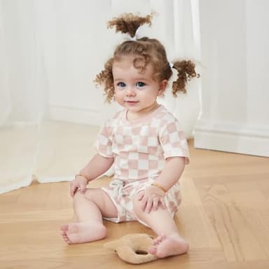 FOCUSNORM Toddler Baby Girl Outfit Newborn Girl Summer Clothes Short Sleeve T Shirt Checkerboard Top Set Elastic Waist Shorts (Checkerboard Pink, 18-24 Months) - Image 2