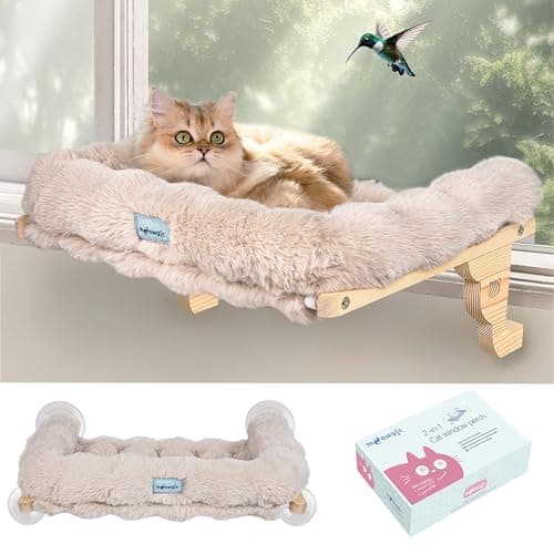 2-in-1 Cat Window Perch for Cats Inside, Fluffy Cushion Bed, Wooden Cat Window Seat, Suction Cups & Two Hooks, Fits Windowsills or Large Windows 24'' Wide and Above, for Large Cats or Kittens (Beige)
