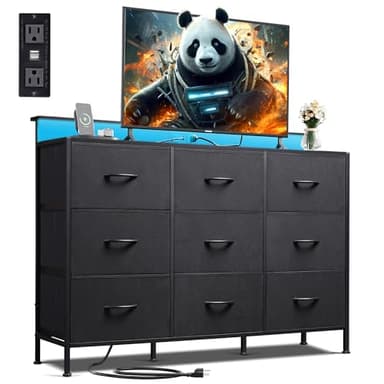 WLIVE Black TV Stand for 45, 50, 55 inch TV, Entertainment Center with LED Lights & Charging Station, TV Media Console Table with 9 Fabric Drawers and Open Shelves for Living Room, Hallway, Wood Top - Image 1