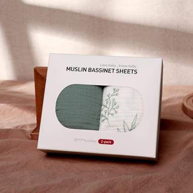 Muslin Bassinet Fitted Sheets, 2 Pack for Baby Boy and Girl, Soft Breathable Stretchy Baby Pad/Mattress Sheet Set, Universal Fit for Hourglass Oval and Rectangle Bassinet Mattress (Natural Leaves) - Image 7