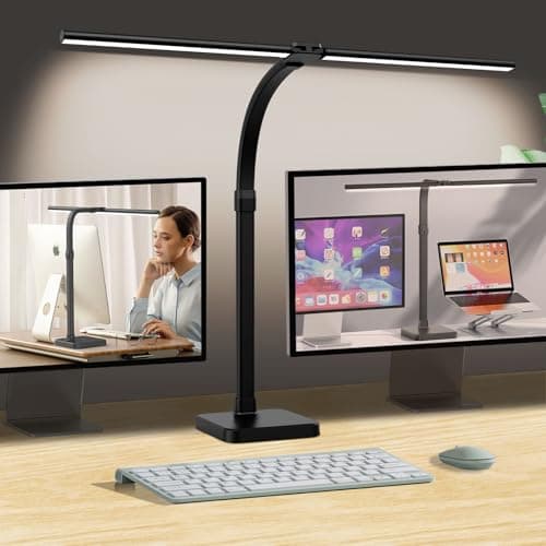 AKRRYR LED Desk Lamp for Home Office, Double Head 24W with Base, Architect Light 5 Lighting Brightness Flexible Gooseneck Table Reading Study, Black - Image 1