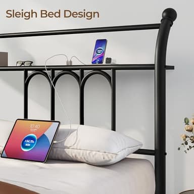 Rolanstar Twin Bed Frame with USB Charging Station, LED Bed Frame with Storage Headboard, Black Metal Platform Bed with Sleigh Headboard and Footboard, No Box Spring Needed, Noise Free - Image 5