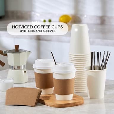 [100 Pack] 12 oz Paper Coffee Cups, Disposable Paper Coffee Cup with Lids, Sleeves, and Stirrers, Hot/Cold Beverage Drinking Cup for Water, Juice or Tea, Suitable for Home, Shops and Cafes - Image 7