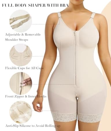 YIANNA Fajas Colombianas Moldeadoras Postpartum Full Shapewear for Women Tummy Control Body Shaper Butt Lifter Compression Garment with Zipper Crotch, YA7283-Beige-L - Image 4