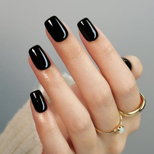 SHANGMENG Black Press on Nails Square - Soft Gel Halloween Press on Nails Short for Women Gift, Fit Perfectly & Natural Glue on Nails in 16 Sizes - 32 Reusable Fake Nails Kit with Glue, Classic Black - Image 1