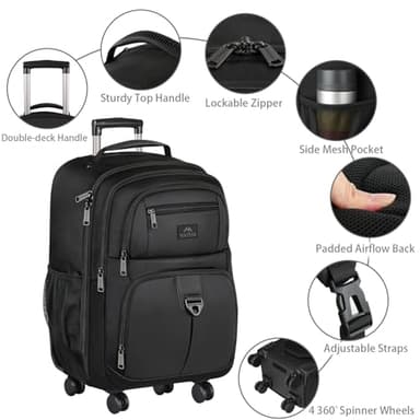 MATEIN Rolling Backpack with 4 Wheels, 17 inch Roller Travel Laptop Backpack for Women Men, Large Water Resistant Business Wheeled Bag, Airline Approved Carry on Luggage Suitcase Bag, Black - Image 6