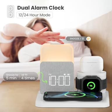 Alarm Clock with Wireless Charger for Bedrooms, 6 in 1 Wireless Charging Station, Magnetic Charger with Night Light Bedside Clock for iPhone 16 15 14 13 12 Pro Max, Apple Watch - Image 3