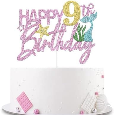 Mermaid Happy 9th Birthday Cake Topper, Pink Glitter Mermaid Nine Cake Decoration Ocean Theme for Girl 9 Years Old Birthday Party Cake Decor - Image 3