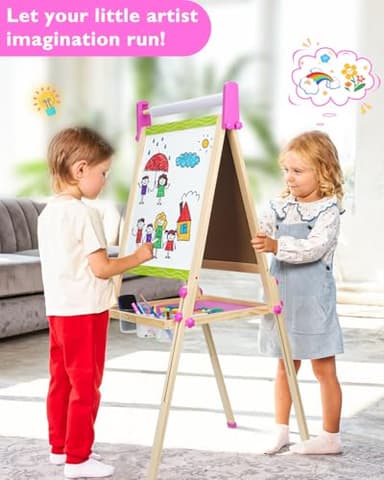 Easel for Kids,Toddler Art Easel Toys for Ages 4 5 6 7 8,Toys for 4 5 6 7 8 9 Year Old Girl Gifts,Wooden Double-Sided Magnetic Dry Erase Whiteboard and Chalk Board with Paper Roll,Boys Girls Gift - Image 6