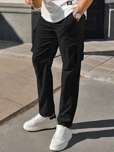 PLEPAN Men's Sweat Pants Casual Cargo Pants Drawstring Hiking Pants Workout Tactical Joggers Sweatpants for Men Black Large - Image 3
