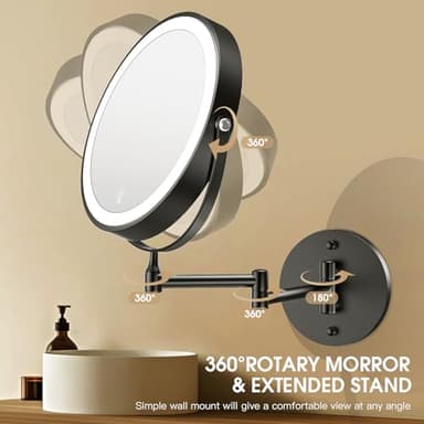MNIENT Wall Mounted Lighted Makeup Mirror, 8" Rechargeable Double-Sided Light up Magnifying Mirror 1x/10x,3 Color Led Vanity Mirror with Lights,Touch Dimmable 360° Rotation Foldable-Black - Image 6