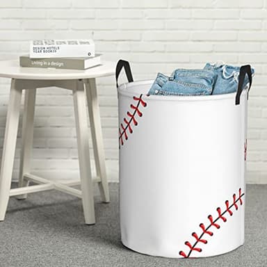 Gbuzozie 38L Round Laundry Hamper Red Stitching Baseball Storage Basket Waterproof Coating White Ball Organizer Bin For Nursery Clothes Toys - Image 2