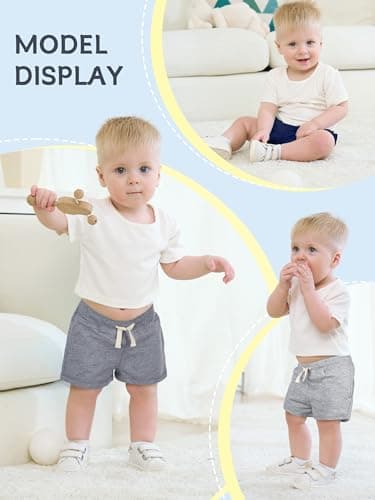 HoeVou Baby Boys Shorts 4-Pack 0-24M | Cotton Knit Pull-On with Adjustable Drawstring Waist & Pockets, Summer Playwear Navy, Blue, Smoke Gray, Gray Set B 3-6M - Image 3