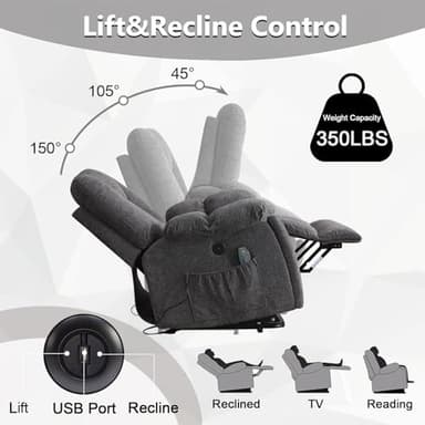 CANMOV Power Lift Recliner Chair with Massage and Heat for Elderly, Overstuffed Wide Recliners, Heavy Duty and Safety Motion Reclining Mechanism with USB Ports, 2 Concealed Cup Holders, Smoke Gray - Image 4