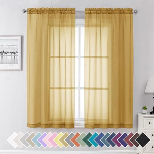 Aiyufeng Gold Sheer Curtains 63 Inch Length 2 Panels Set, Light Filtering Gold Window Curtain Drapes Treatment for Kitchen, Bedroom,Children Room, Dual Rod Pocket, 2 Pack of 42 x 63" - Image 1