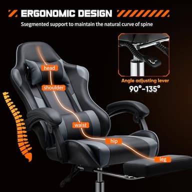 Sweetcrispy Video Game Desk Chair - Ergonomic Computer with Footrest and Comfy Lumbar Support, PU Leather Recliner with Headrest, Fixed Up Armrest, Height Adjustable with 360° Swivel, for Adults, Grey - Image 5