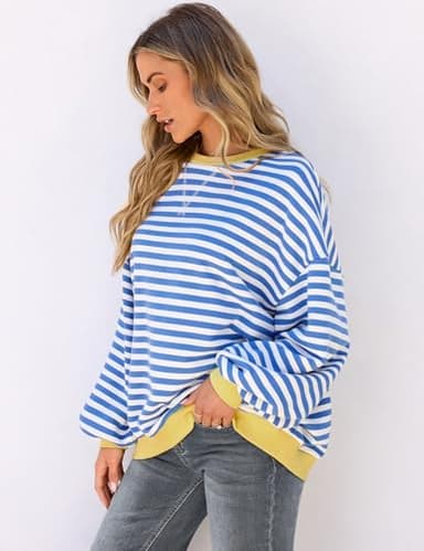 UEU Striped Sweatshirts for Women Oversized Color Block Crew Neck Sweatshirt Long Sleeve Pullover Tops Blue Striped Medium - Image 3
