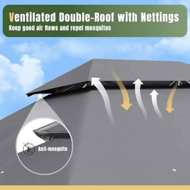 AOXUN Outdoor Gazebo for Patio 10x12, Metal Frame Canopy with Double Roofs, Heavy Duty Party Tent and Shelter with Mosquito Netting and Privacy Screen for Backyard, Lawn, Garden,Deck (Gray) - Image 7