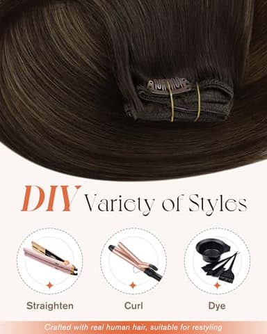 Sunny Hair Clip in Hair Extensions Straight Human Hair Clip in Extensions Remy Clip in Hair Extensions Real Human Hair Extensions Clip ins Dark Brown Ombre Medium Brown Balayage 22inch - Image 6
