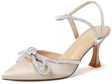 Susanny Wedding Shoes for Women Low Heel Bridal Bow Heels Pumps Nude Rhinestone Heels Bride Party Bridesmaid Evening Dress Homecoming Shoes 7 - Image 1