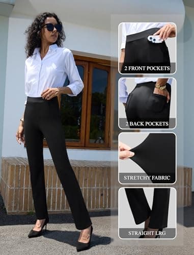 keriffe Women's Stretchy Yoga Dress Pants High Waisted Straight Leg Casual Work Business Office Slacks 4 Pockets Black - Image 4
