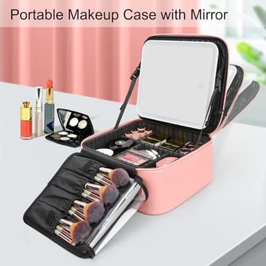 Relavel Travel Makeup Bag With LED Mirror Portable Travel Makeup Organizer 3 Color Adjustable Brightness Waterproof Cosmetic Train Case with Removable Dividers Makeup Storage for Women, Pink - Image 7