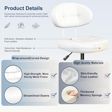 Misolant Vanity Chair with Back, Small Armless Cute office Chair with wheels and Lumbar support, Comfy PU Leather Desk Computer Chairs with Adjustable Height, 360°Swivel for Home Bedroom Office, White - Image 5
