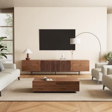 NessCarsti Mid Century Modern TV Stand for 80+ Inch TVs, 94.48" Walnut Console with Ample Storage – Stylish Entertainment Center for Living Room or Bedroom - Image 9