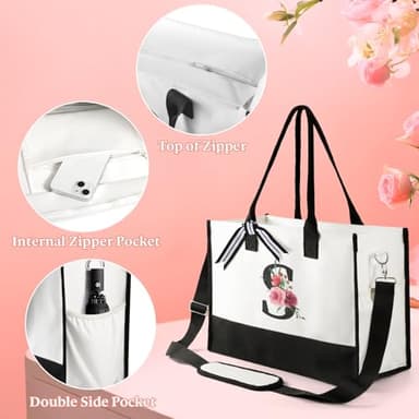 TRSODD Birthday Gifts for Women Mothers Day Gifts for Mom Wife Grandma Daughter Sister Friends Graduation Initial Tote Bag with Adjustable Shoulder Strap and Makeup Bag J - Image 7
