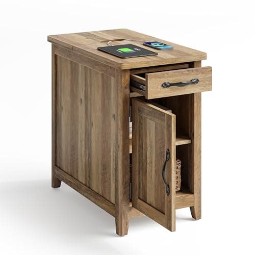LINSY HOME Farmhouse End Table with Charging Station, Narrow Side Table for Living Room, Sofa Side Table with Drawer and Storage Cabinet, Small Nightstand for Home Office - Image 1