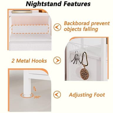 Furologee Nightstands Set of 2, End Table with 2 Fabric Drawers, Night Stand with 2 Hooks, Open Wood Shelf Bedside Table for Bedroom/Living Room/White - Image 6