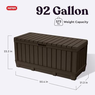 Keter Kentwood 92 Gallon Resin Deck Box-Organization and Storage for Patio Furniture Outdoor Cushions, Throw Pillows, Garden Tools and Pool Floats, Brown - Image 2
