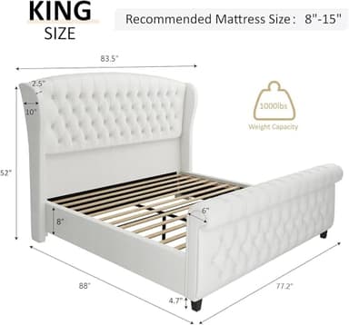 AMERLIFE King Size Platform Bed Frame, Chenille Upholstered Sleigh Bed with Scroll Wingback Headboard & Footboard/Button Tufted/No Box Spring Required/Cream - Image 2