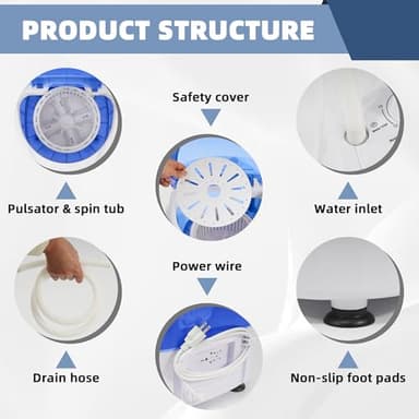 Elevon QD-MINIPWM-BL-1G Portable Mini Washing Machine with Spin Dryer 5.5 lbs Washers, Rotary Timer Controller, Compact Laundry for Home, Apartment, RV, White/Blue - Image 4