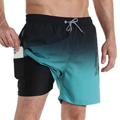 zeetoo Mens Swim Trunks with Compression Liner 5.5" Inseam Shorts Bathing Suit Quick Dry Swimsuit Gradient-Green M - Image 5