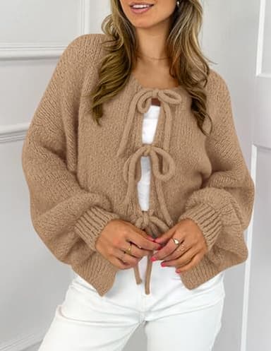 PRETTYGARDEN Women's Tie Front Bow Cardigan Sweaters Chunky Knit Long Puff Sleeve Trendy Fall Winter Jacket Coats (Camel,Medium) - Image 4