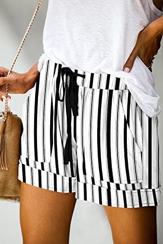 Womens Pull On Lounge Shorts Comfy Drawstring Elastic Waist Casual Pocketed Shorts,Stripe White M - Image 2
